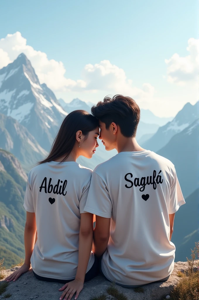 "A young couple, enjoying a peaceful moment on a mountain peak, both wearing white T-shirts. The boy's T-shirt has the name 'Abdul' written in deep black letters, positioned above a heart ❤️. Similarly, the girl's T-shirt features the name 'Sagufa
' in dark black letters, also above a heart ❤️."