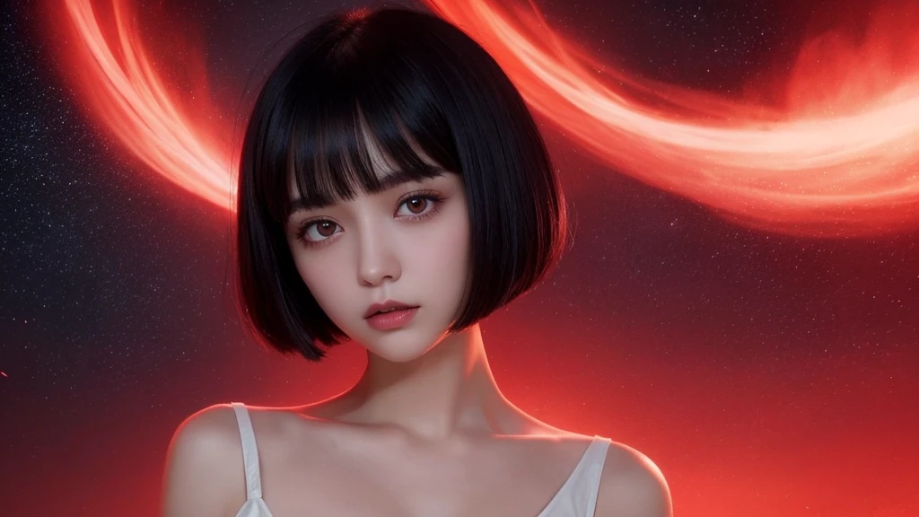 Delicate and dainty young woman with shiny bob-cut black hair . She is wearing bright red. The background is a fantastic and ethereal night sky that seems to be haunted by a specter. Her expression is stern and atmospheric. Angle from directly below.