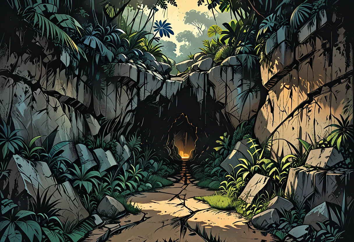 (((frontal view))), ((cracks)),
outside of a deep dark cave, in a tropical jungle, ((cracks in the ground)), earthquake, deep cracked, black cracks, graphic style of novel comics, 2d, 8k, hyperrealism, masterpiece, high resolution, best quality, ultra-detailed, super realistic, Hyperrealistic art, high-quality, ultra high res, highest detailed, lot of details, Extremely high-resolution details, incredibly lifelike, colourful, soft cinematic light,
