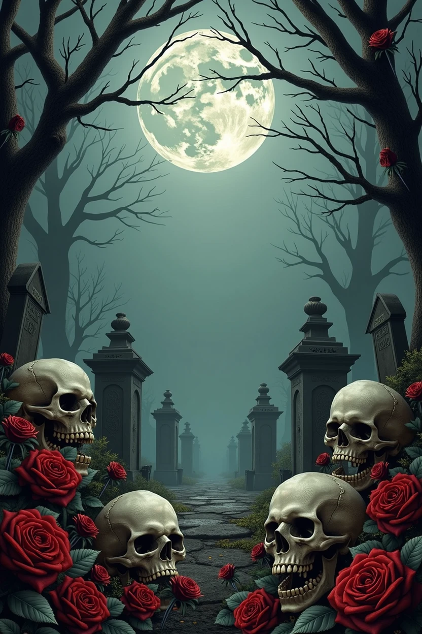 The background for a spooky invitation should be a cemetery with skulls and roses.