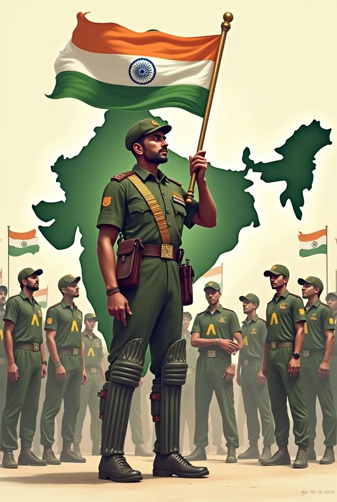 There is an Indian soldier and indian cricket players . indian soldier wear indian army 
Jersey and has a gun and has an Indian flag in one hand  and also on his solder and he is kissing the india flag . indian ashok symbol on soldier Jersey,There are 8 to 10 more people in the background.  There are more small Indian flags in the background. The map of India is also visible faintly in the background. All the characters are Indians.