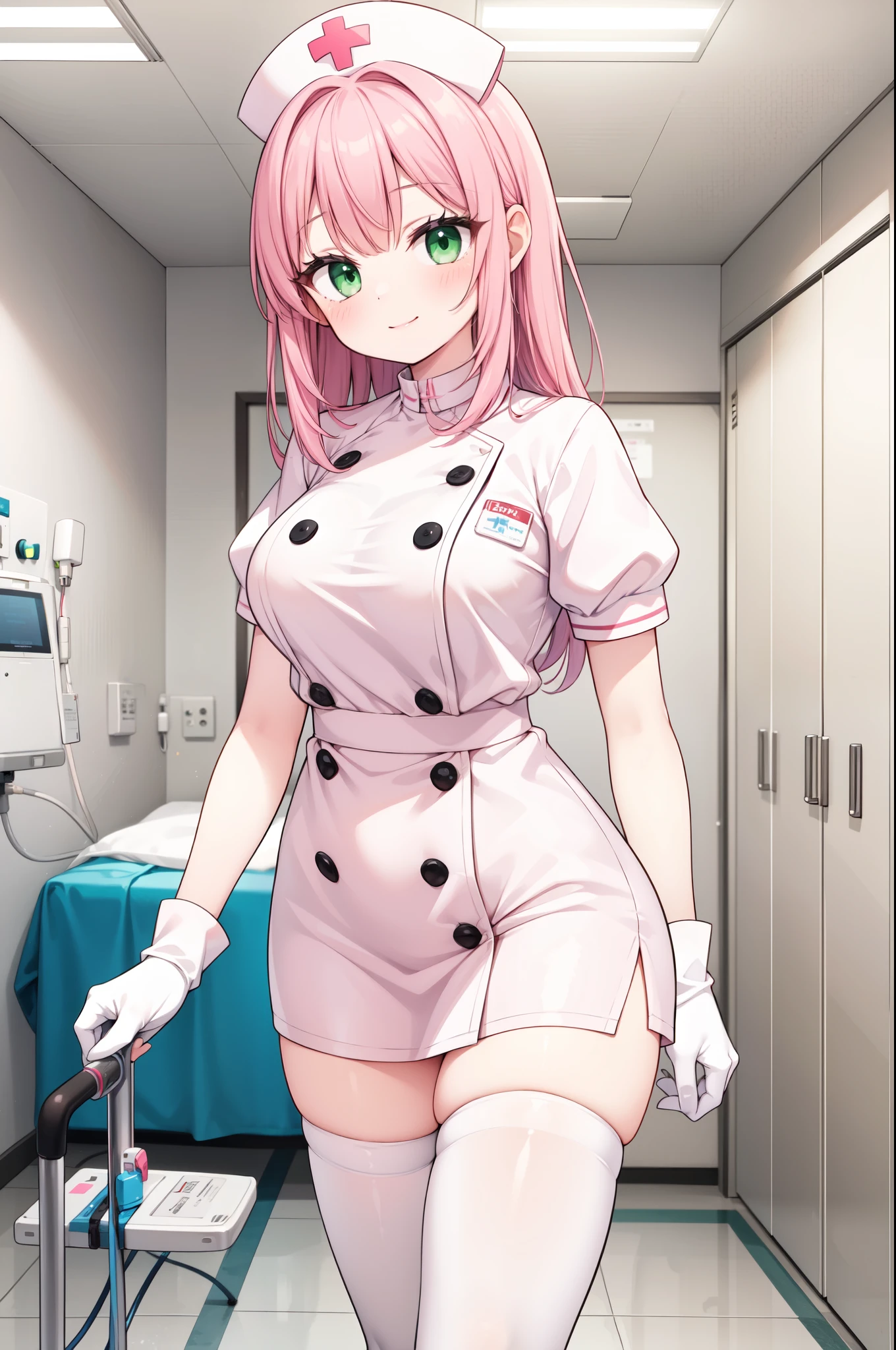 1woman, solo, nurse, white nurse cap, white nurse uniform, ((white legwear, zettai ryouiki)), white gloves, pink hair, green eyes, drooping eyes, pink lips, smile, standing, ((hospital room)), sharp outline, short sleeves, mature female, 32 years old, best quality, masterpiece
