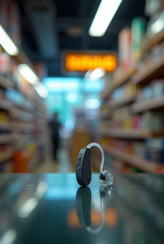 A photo with a hearing aid in a store named Duke varieties