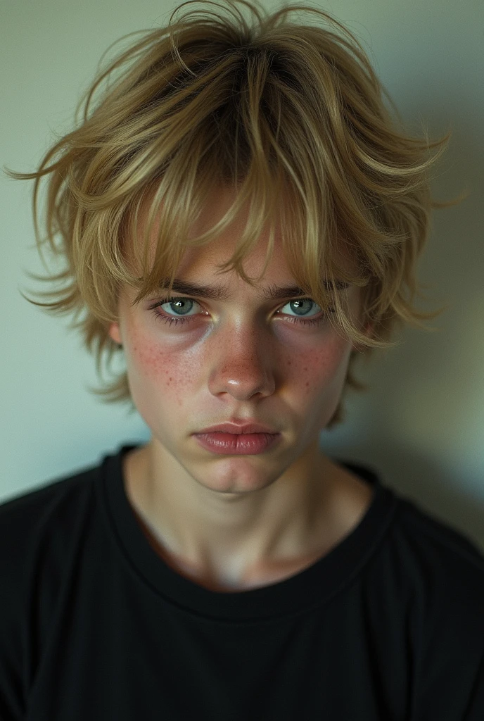 teenager guy, blonde hair, red tired eyes, serious face, a black shirt