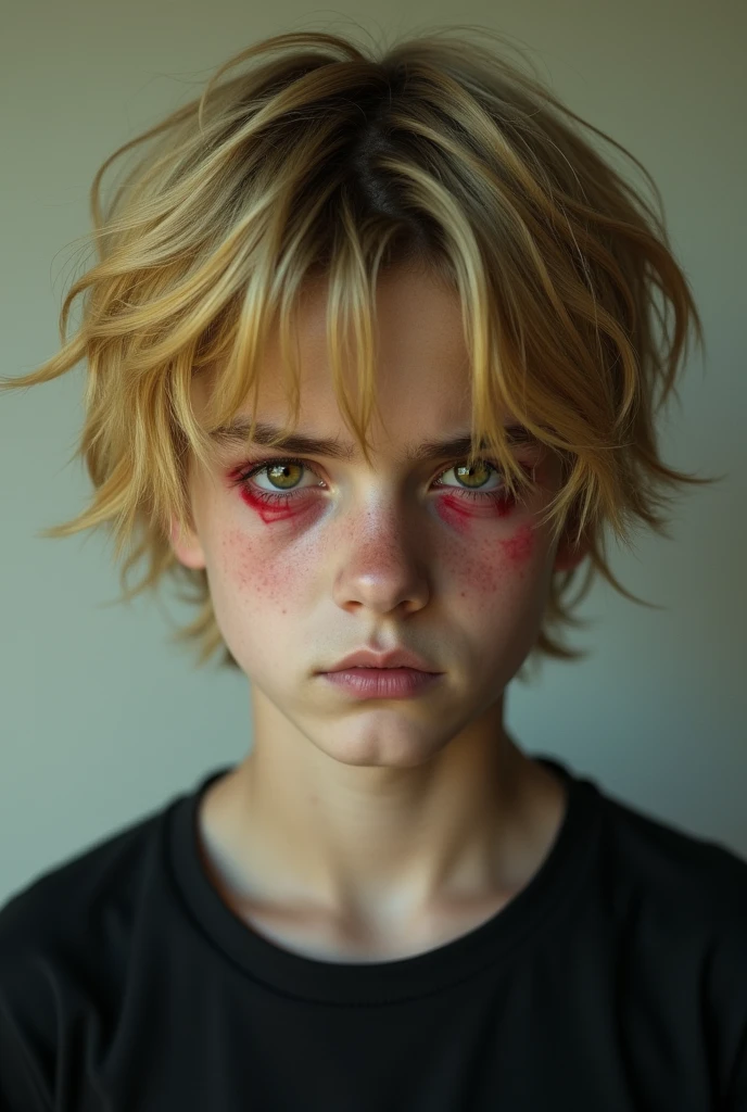 ager guy, blonde hair, red tired eyes, serious face, a black shirt