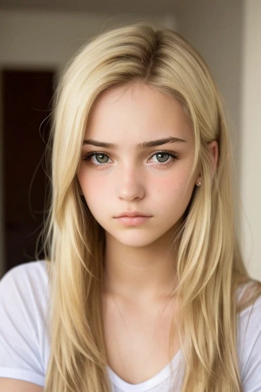 a 18 year old girl with a pretty face and blonde hair who looks a bit sad.