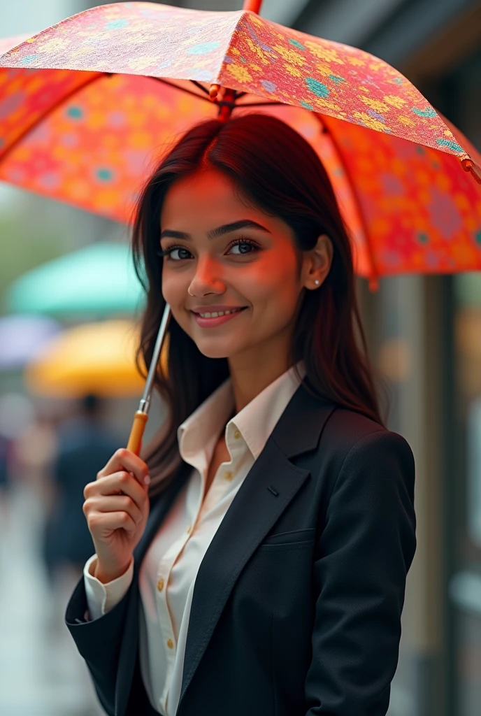 A girl with wearing suit with umbrella and good smile. In Indian girl face