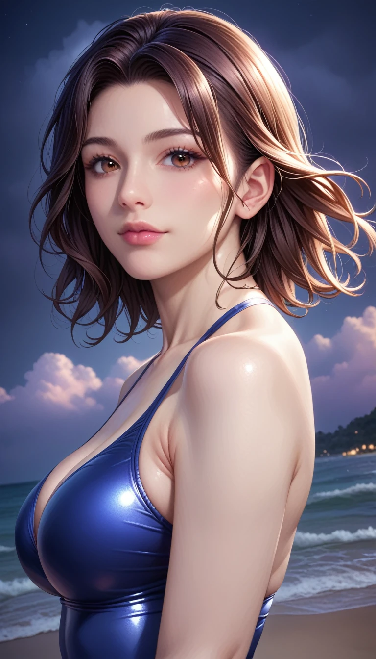 score_9, score_8_superior, score_7_superior, High resolution 3D anime style,A masterpiece in 32K resolution,Highest quality,it is really amazing,Very detailed,Ultra-high resolution,Ultra-realistic,Realistic,Increased depth of field,Cinematic lighting,
(Sexy mature Japan woman:1.1),
black straight medium hair,Ultra-detailed and beautiful face,Calm and gentle look,Beautiful brown eyes,Translucent white skin,Realistic skin texture,Great proportions,
Elegant high leg swimsuit,
Simple design,Chic color scheme,Detailed fabric texture,
(Dark overcast sky on a dull night:1.1),(Dark clouds filling the sky:1),(Thundercloud:1),Coastline at night,Stormy seas,(delay々A desolate sandy beach that continues:1),
Cinematic Angle,