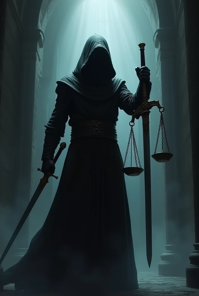 a dark and dramatic scene: a hooded figure standing in a gloom, with a scale of justice in one hand and a sword in the other. The scale is unbalanced, but the sword is sharpened and ready, symbolizing the balance between justice and revenge. background, An ominous shadow can be seen projected onto the wall, hinting at betrayal and conflict.