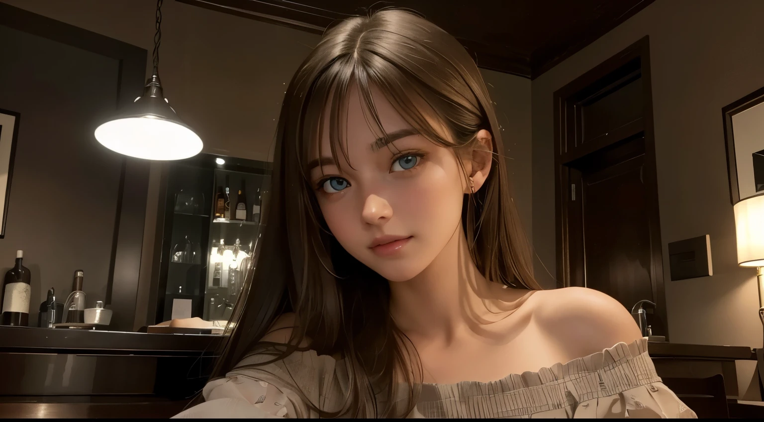 (Ultra Real), (illustration), (high resolution), (8k), (very detailed), (Best illustration), (beautiful and delicate eyes), (best quality), (very detailed), (masterpiece), (wallpaper), (detailed face), alone, one girl, whole body, Viewers looking on, Fine Eyes and Mouth, detailed face, bar counter, in the dark, low key, pure face_v1, laugh, long hair, Dark blonde straight hair, forehead, sit on a chair, beautiful teeth, blushing cheeks, A captivating expression, intricate off-shoulder clothing,