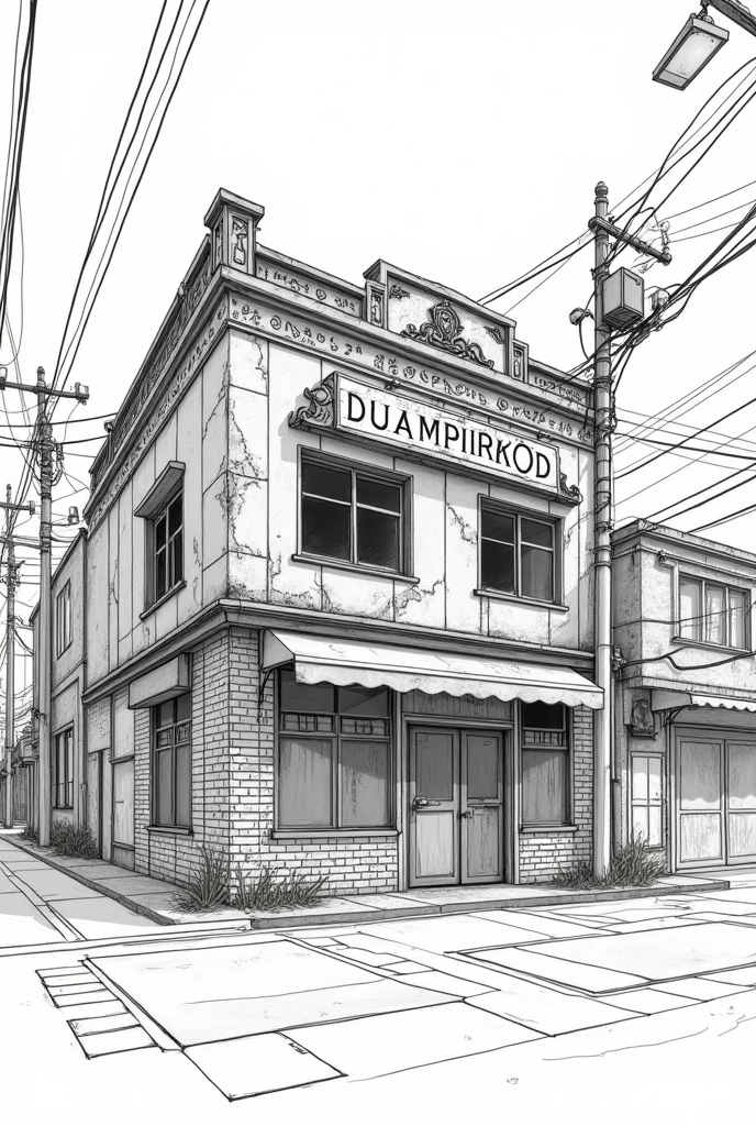 The exterior of a run-down pachinko parlor　Line art
