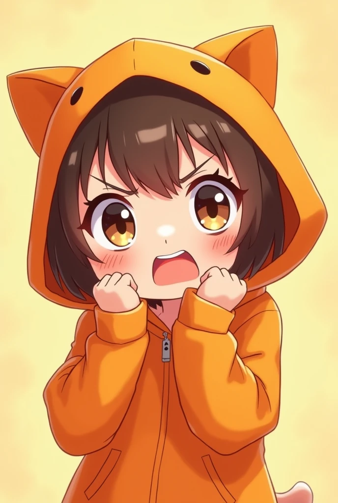 Cute anime character in orange clothes, showing an adorable angry expression