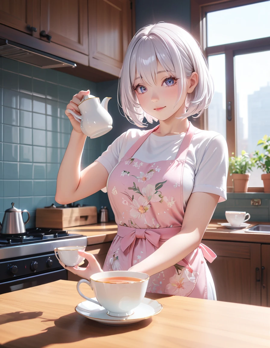 glowing particles, ambient lights, cute, pastel art, full body detailed, 4K, hdr, high details, perfect lighting, perfect anatomy, (shiny silver hair, bob cut, bang between eyes, beautiful hair), (glossy silver eyes:1.5), (beautiful eyes, twinkle eyes, large eyes, close eyes), (athlete body,large breasts), cute face, beautiful face, pretty face, beautiful, best quality, good anatomy,long eyelashes, expressive eyes, Perfect Hands, perfecteyes, pink botanical print apron, white shirt, short sleeves, morning, kitchen, 4teacups, 1girl, her right hand is holding teapot, brew tea into teacup,