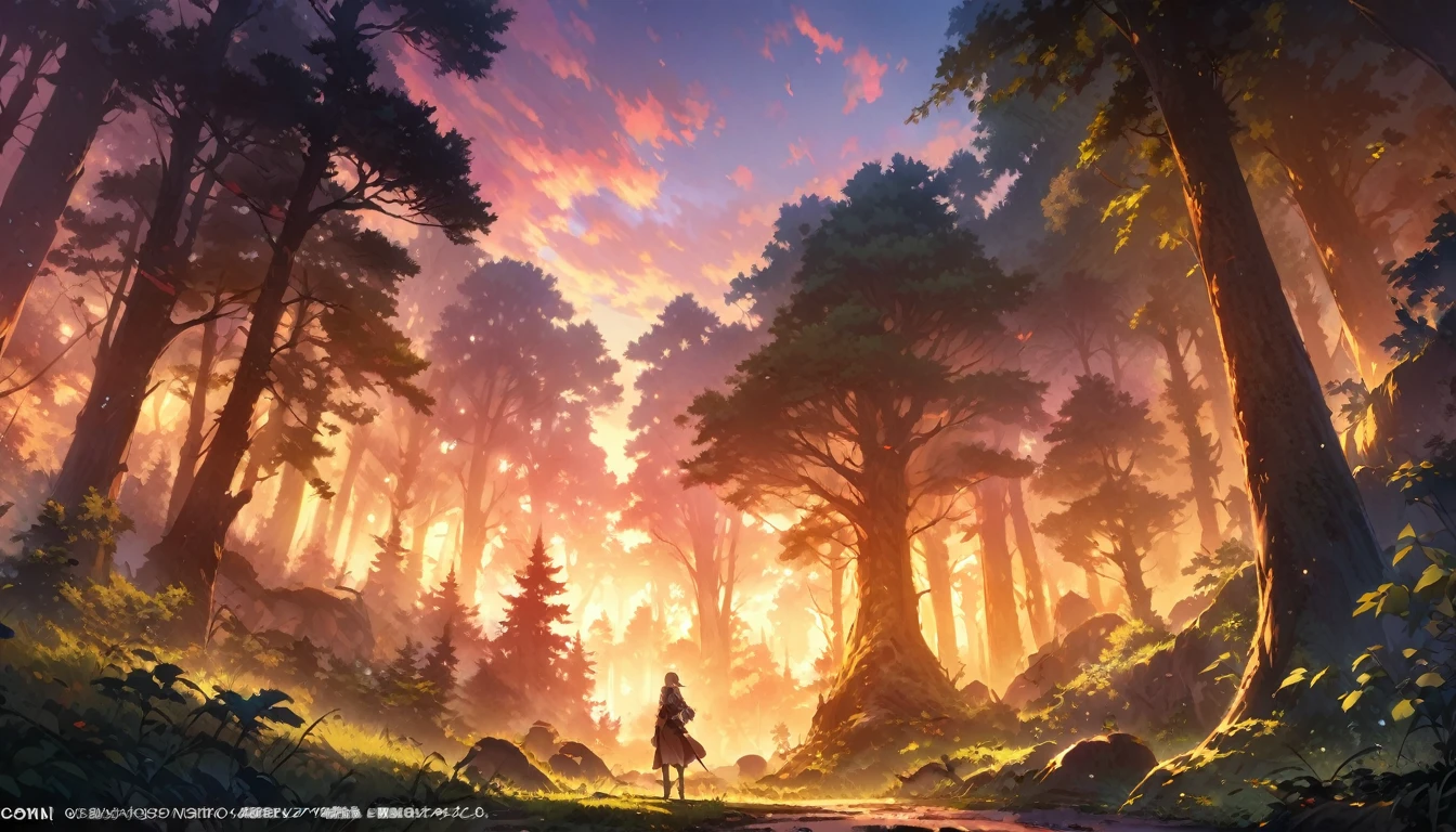 fantastic atmosphere,, in the forest, very detailed, official art, masterpiece, illustration, ancient forest at sunset、
