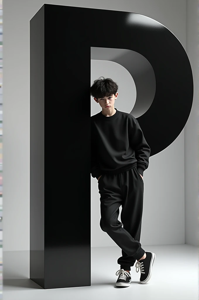 A 17 year old boy with dark hair, dressed in a casual outfit including a black sweatshirt, jogger pants, and sneakers. The person is leaning against a large orange glossy letter 'P', which is Black with white accents. The overall color scheme is minimalistic, focusing on shades of black and grey. The scene has a modern and clean aesthetic, with soft darks and subtle shadows.