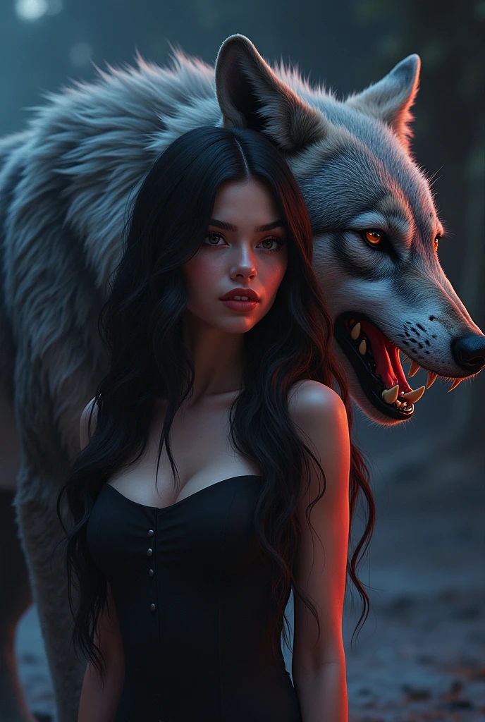 prompt: create an 8k, hyper realistic, airbrush glossy gta v cinematic poster style image of a beautiful girl with a soft sexy long hair shape
name Aa violet
long hair beside a large, snarling wolf with intricate