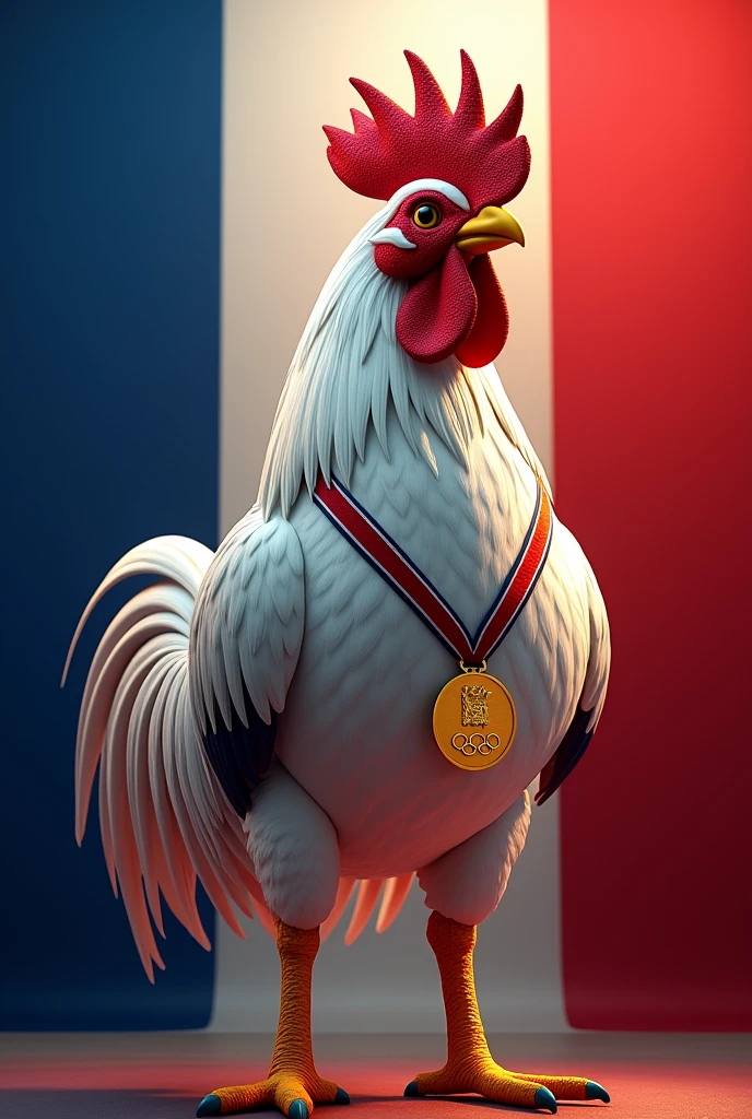 A rooster mascot, all majestic and refined, elegant to do, wearing the gold medal of the 2024 Paris Olympics around its neck, and the background of the image the colors of the French flag