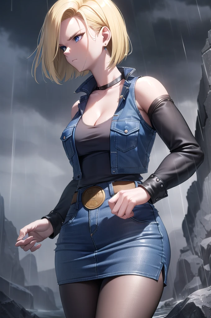 Android 18, One person, alone, Blonde, blue eyes, eyelash, hoop Earrings, short hair, Earrings, break belt, Black legwear, black shirt, breast pocket, Cleavage, clavicle, denim, denim skirt, high-waist skirt, jewelry, Long sleeve, pocket, shirt, shirt tucked in, skirt, Striped, Striped sleeves, Waistcoat, break outdoors, (The intense look of dusk:1.2), Dynamic Angle, (Dramatic lighting:1.2), (Heavy raindrops falling:1.1), (Muddy battlefield background:1.1), (Remains of fallen soldiers:1.1), (Dark clouds loom overhead:1.2), (Tired but determined expression:1.2), (Ripples in a puddle reflect the scenery:1.1), (Capturing the emotion and intensity of the moment:1.1), (Emphasize the rainy atmosphere:1.1), (Draw the viewer into a somber, dramatic scene:1.1)., (Beautiful attention to detail:1.6), break looking at viewer, (Cowboy Shot:1.5), break (masterpiece:1.2), Highest quality, High resolution, unity 8k wallpaper, (figure:0.8), (Beautiful attention to detail:1.6), Highly detailed face, Perfect lighting, Highly detailed CG, (Perfect hands, Perfect Anatomy)