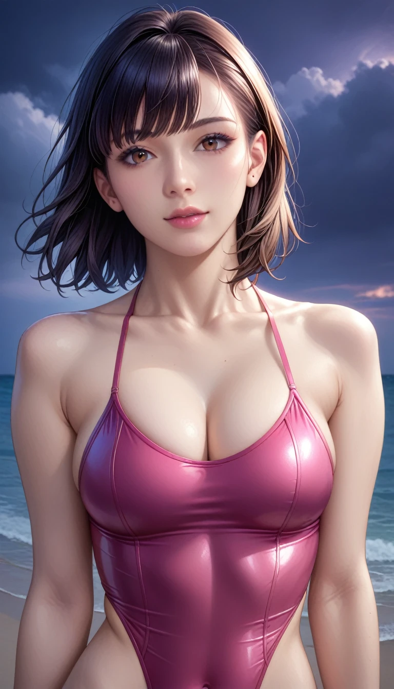 score_9, score_8_superior, score_7_superior, High resolution 3D anime style,A masterpiece in 32K resolution,Highest quality,it is really amazing,Very detailed,Ultra-high resolution,Ultra-realistic,Realistic,Increased depth of field,Cinematic lighting,
(Sexy mature Japan woman:1.1),
black straight medium hair,Ultra-detailed and beautiful face,Calm and gentle look,Beautiful brown eyes,Translucent white skin,Realistic skin texture,Great proportions,
Elegant high leg swimsuit,
Simple design,Chic color scheme,Detailed fabric texture,
(Dark overcast sky on a dull night:1.1),(Dark clouds filling the sky:1),(Thundercloud:1),Coastline at night,Stormy seas,(delay々A desolate sandy beach that continues:1),
Cinematic Angle,