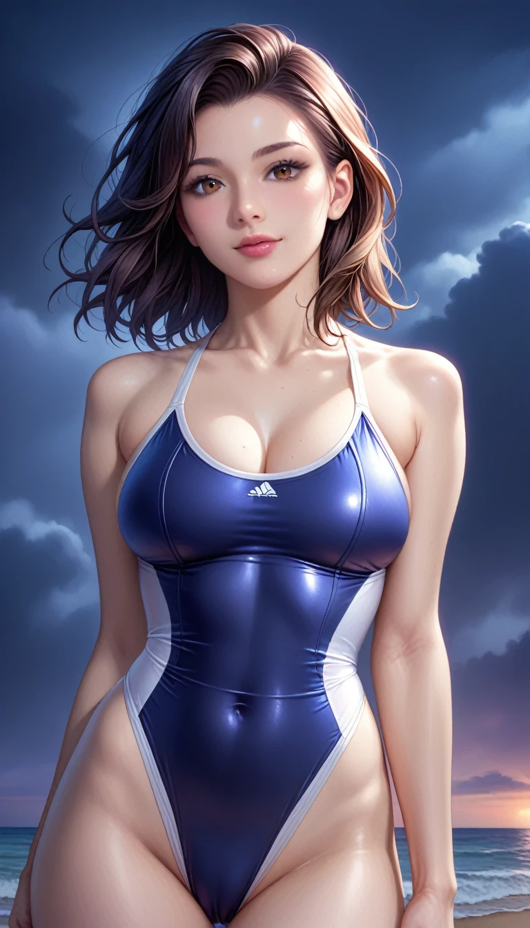 score_9, score_8_superior, score_7_superior, High resolution 3D anime style,A masterpiece in 32K resolution,Highest quality,it is really amazing,Very detailed,Ultra-high resolution,Ultra-realistic,Realistic,Increased depth of field,Cinematic lighting,
(Sexy mature Japan woman:1.1),
black straight medium hair,Ultra-detailed and beautiful face,Calm and gentle look,Beautiful brown eyes,Translucent white skin,Realistic skin texture,Great proportions,
Elegant high leg swimsuit,
Simple design,Chic color scheme,Detailed fabric texture,
(Dark overcast sky on a dull night:1.1),(Dark clouds filling the sky:1),(Thundercloud:1),Coastline at night,Stormy seas,(delay々A desolate sandy beach that continues:1),
Cinematic Angle,