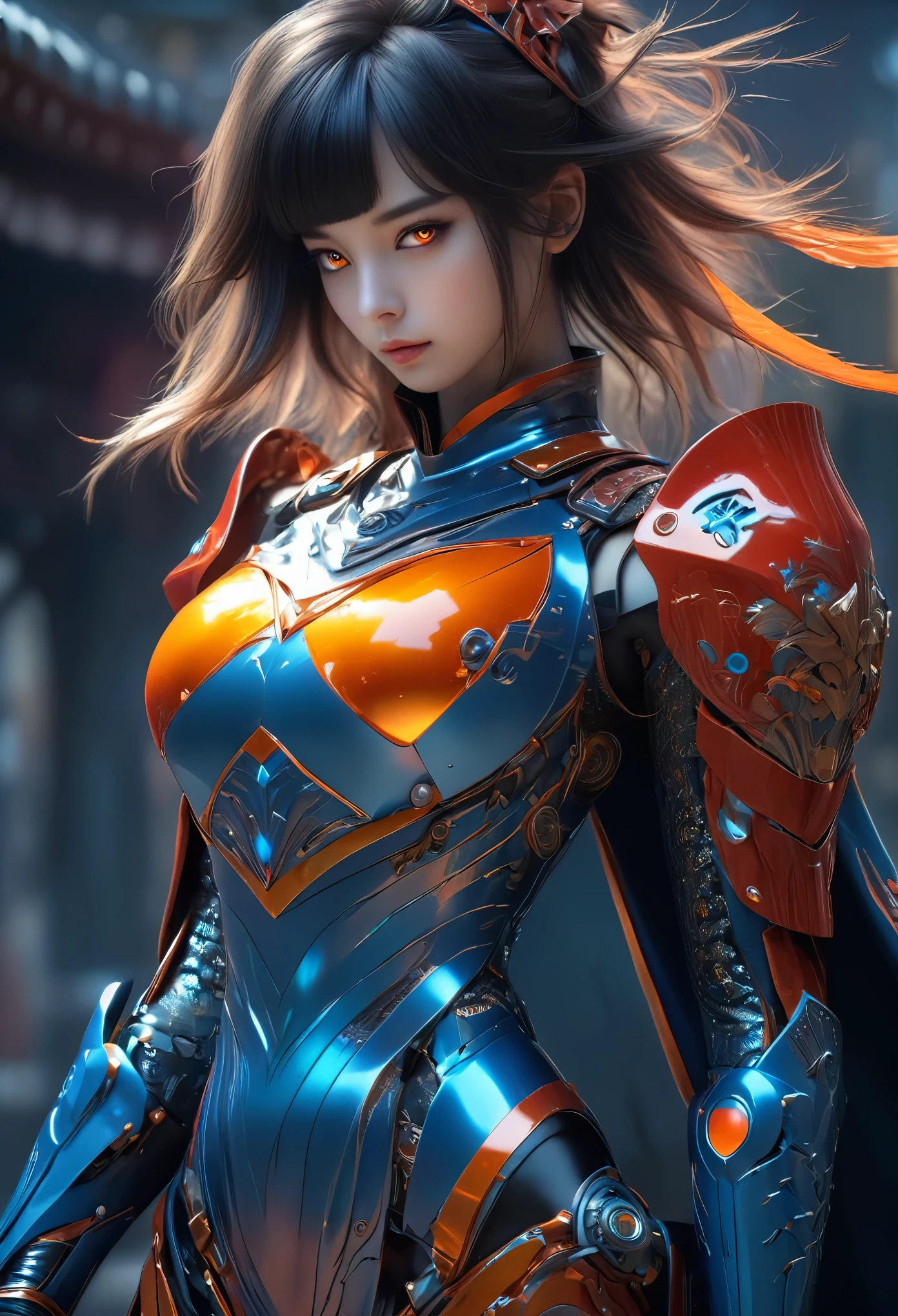 (Best Quality, 4K, 8K, High Resolution, Masterpiece: 1.2), (Super Detailed, Realistic, Photorealistic:1.37), A woman in futuristic clothing, Trending on cgstation, Trending on cgstation, (Portrait of a girl in the Knights of the Zodiac:1.4), blunt bangs, Cute Cyborg Girl, Perfect android girl, Portrait Astronaut Girl, Beautiful girl cyborg, (Girl wearing iridescent red and blue and orange mechanical cyber armor:1.3), Game CG, cgsociety and fenghua zhong, Beautiful Cyborg Shrine Maiden, Bioluminescence, (Yua Yaiba:0.5), (Golden eyes:1.5), Anatomically correct grip, (Sharp and long claws:1.4), erotic and sexy, black, wearing A gorgeous cape with beautifully detailed embroidery, (beautiful tits, beautiful breasts, beautiful nipples:1.5), (NSFW:1.5)