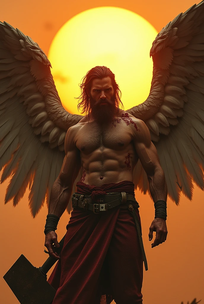 masterpiece, (best quality:1.2),(Ashley Wood Style:1.2),(Nick Vicesi Style:0.6), (Clear focus:1.2),Male angel, Wings spread, muscular, beard, Textured Skin, Death Stare, Bloody wounds, ((Holding a Giant rusty axe)).Solar eclipse background, Simple golden background, Movie Lighting, glare, Photon Mapping,