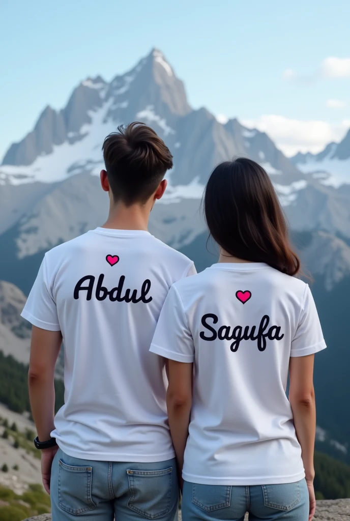 "A young couple, enjoying a peaceful moment on a mountain peak, both wearing white T-shirts. The boy's T-shirt has the name 'Abdul' written in deep black letters, positioned above a heart ❤️. Similarly, the girl's T-shirt features the name 'Sagufa
' in dark black letters, also above a heart ❤️."