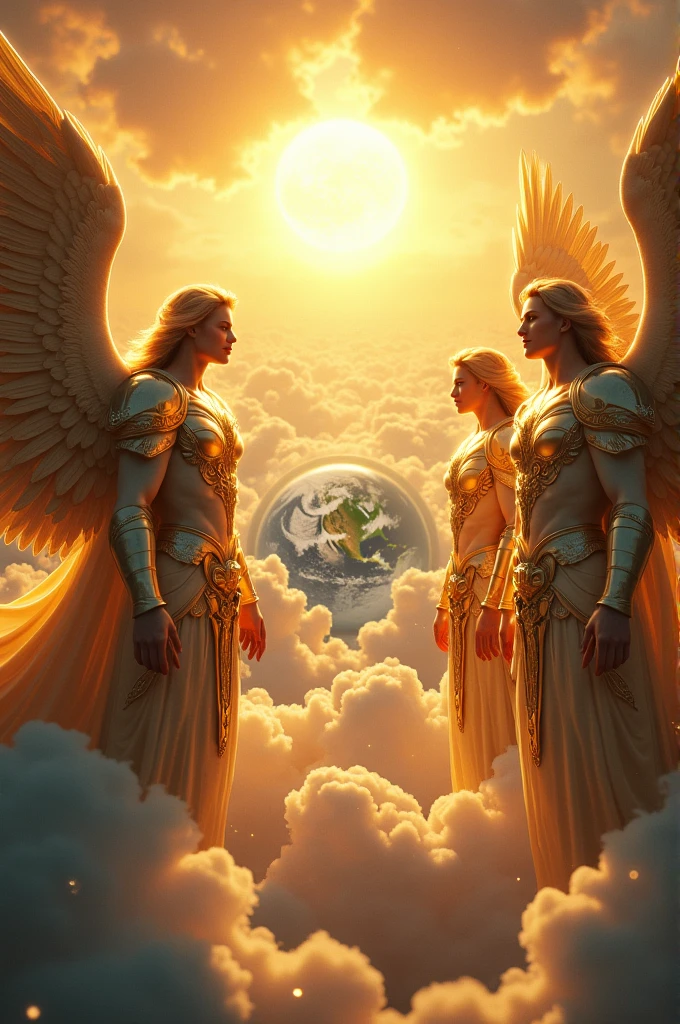 Realistic and cinematic image of some angels in the sky above the clouds looking at the earth. These angels should be shown with shining golden armor, with the appearance of strong and beautiful warriors. Beyond being in the clouds, This image should also show the sun with a wonderful glow to show the beautiful creation of God