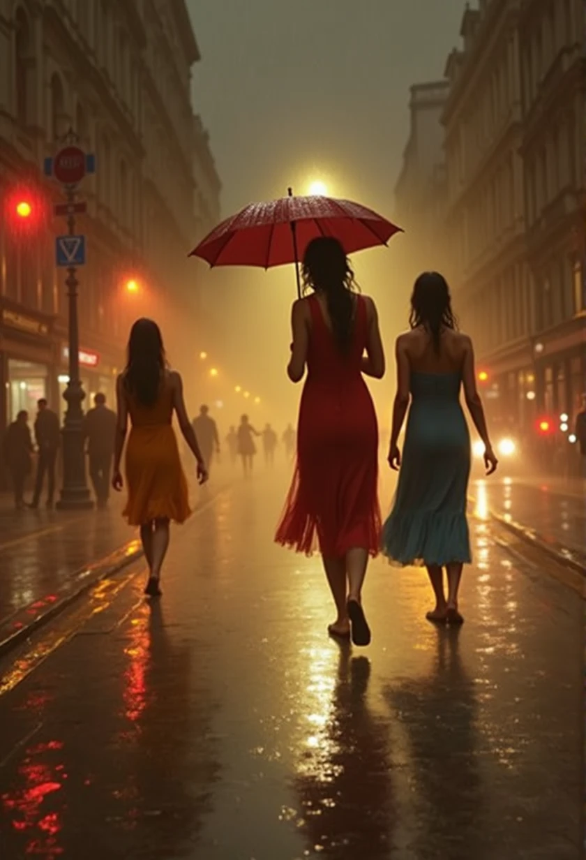 (rainy night:1.5), (Tasteful:1.5), (full color:1.5), 8k, 4k, (magic:1.5), (dripping paint;1.5), (night London street:1.5), (1900s:1.5), (three girls far away with umbrella :1.3), (wearing a long wet dress:1.5), (slender:1.5), (back shot:1.5), (full body:1.5), (beautiful city lighting:1.5), (light reflection:1.3), (steam:1.5), (fog:1.5), (mist:1.5), (humid:1.5), (smog:1.5), (heavy rain:1.5),(wet:1.5), (sweat:1.5),(step:1.5),(rolling:1.5),(dynamic:1.5), ((a thick textured oil painting, impasto brushstrokes, dry brushing, paletteknife:2)) oil painted harmonic colors, ((modern impasto style:2), abstract art, vibrant colors, deep shadows, warm lighting, atmospheric, moody, dramatic, intricate details, Harmonic composition, expressive brushwork, textural paint surface, (best quality,4k,8k,highres,masterpiece:1.2),ultra-detailed,(realistic,photorealistic,photo-realistic:1.37)

