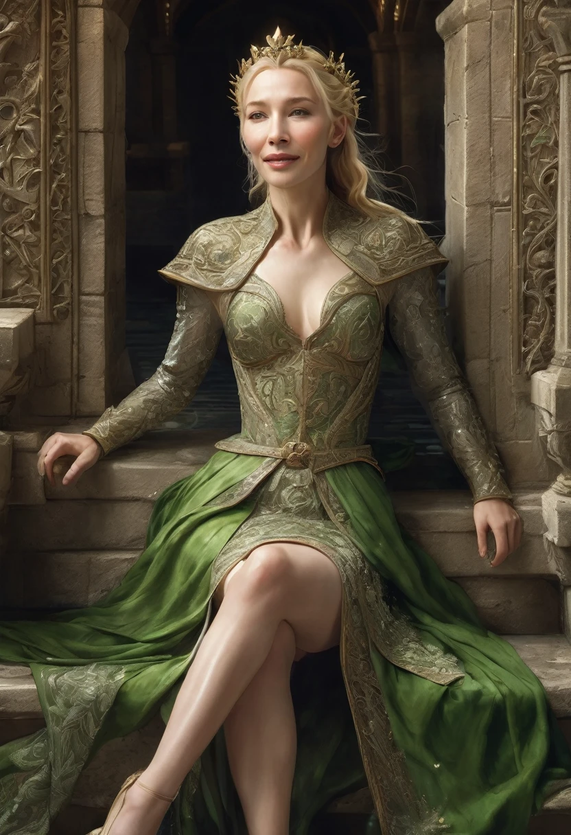 NSFW, Semi-nude, Open legs wide, lure, seductive smile, ((Cate Blanchett), (galadriel)), Model shooting style, Resembles Keira Knightley, (Highly detailed CG Unity 8k wallpaper), Full body photos of the most beautiful works of art in the world, Medieval witches in England, Green Voucher, Pearly skin,Golden Crown, diamond, Detailed background of medieval architecture, Professional, majestic oil painting by Ed Blinky, Atey Gailan, Studio Ghibli, director: Jeremy Mann, Greg Manzagin, Antonio Moro, Trending on Art Station, CGSociety Trends, Complex, Attention to detail, Sharp focus, dramatic, Realistic painting art by Midjourney and Greg Rutkowski