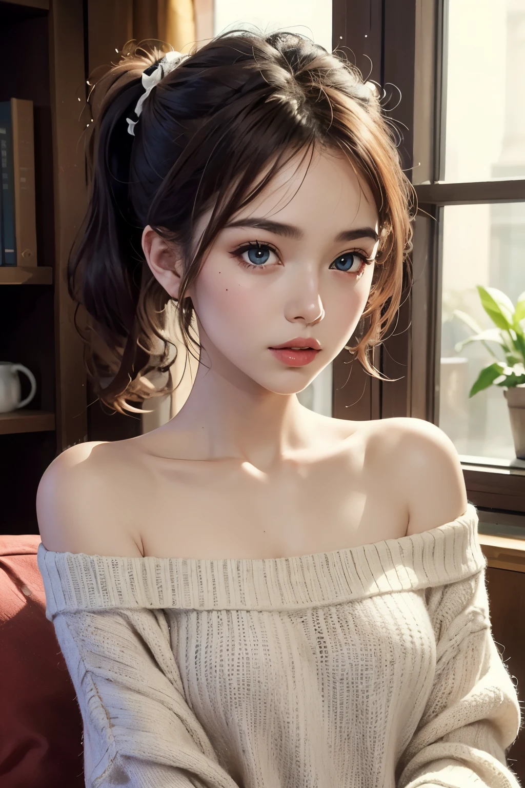 ((best quality)), ((masterpiece)), (detailed), 1 girl, off shoulder sweater, Double ponytails and big eyes