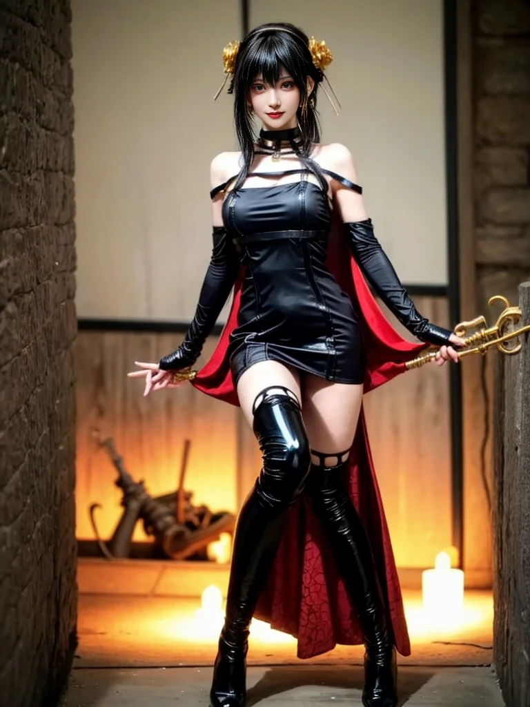 (Highest quality, 4K, masterpiece :1.3), Beautiful woman, Surreal, 1 person,),Ajolf, Side Lock,Short hair and long straight hair, Gold Hair Band, Gold earrings, Gold Hair Ornament, Big Breasts, Exposing shoulders, Black Dress, Double-sided dress with red rose cape, choker, Thigh-high boots, , Fingerless gloves, Thigh-high boots,Slender beauty, (Huge breasts, Attractive body :1.2), Abdominal exercises :1.1, Long black hair 1.1, Highly detailed face, Lip details, Beautiful Eyes, double eyelid, Sexy low neck dress, Open neckline, Twisting waist pose, Visible curves,Muscular, Bent legs, Yugal, masterpiece, Highest quality, High resolution, aaYugalf,Cowboy Shot, Are standing, Looking at the audience, Outdoor, night, (Perfect Anatomy:1.Big Ass, jewelry, Off the shoulder, Black Pantyhose, Cute Smile, Beautiful and bright lighting, Beautiful breasts,Place your hands behind your back,