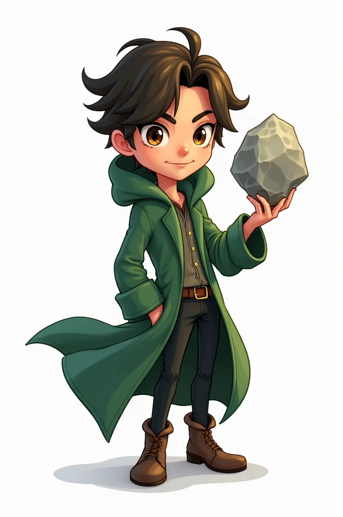 I want a character with brown eyes with a green coat and his right hand made of stone with black pants with straight hair he is male and .cartoon style,manicraft,white border around the character.