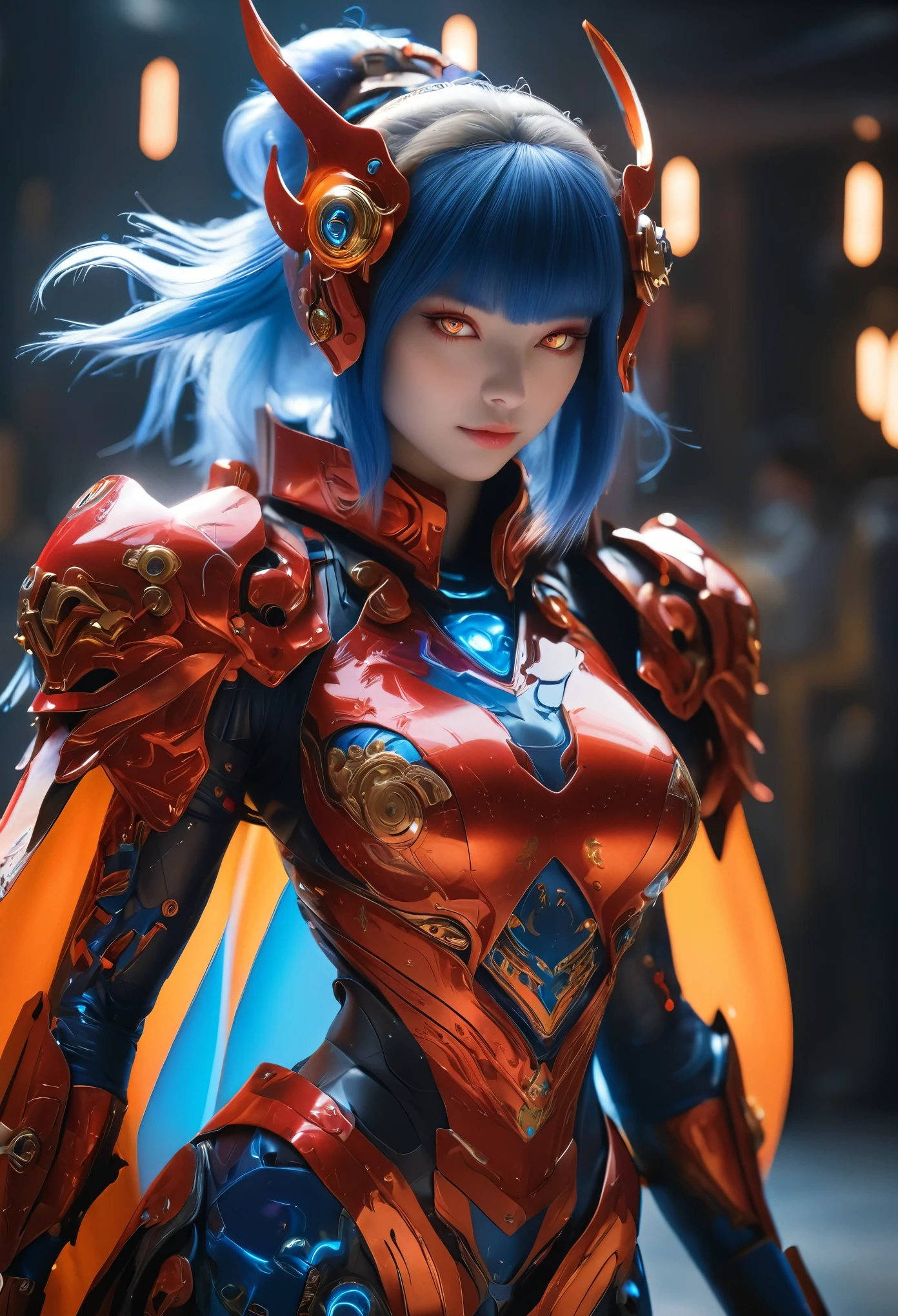 (Best Quality, 4K, 8K, High Resolution, Masterpiece: 1.2), (Super Detailed, Realistic, Photorealistic:1.37), A woman in futuristic clothing, Trending on cgstation, Trending on cgstation, (Portrait of a girl in the Knights of the Zodiac:1.4), blunt bangs, Cute Cyborg Girl, Perfect android girl, Portrait Astronaut Girl, Beautiful girl cyborg, (Girl wearing iridescent red and blue and orange mechanical cyber armor:1.3), Game CG, cgsociety and fenghua zhong, Beautiful Cyborg Shrine Maiden, Bioluminescence, (Yua Yaiba:0.5), (Golden eyes:1.5), Anatomically correct grip, (Sharp and long claws:1.4), erotic and sexy, black, wearing A gorgeous cape with beautifully detailed embroidery, (beautiful tits, beautiful breasts, beautiful nipples:1.5), (NSFW:1.5)