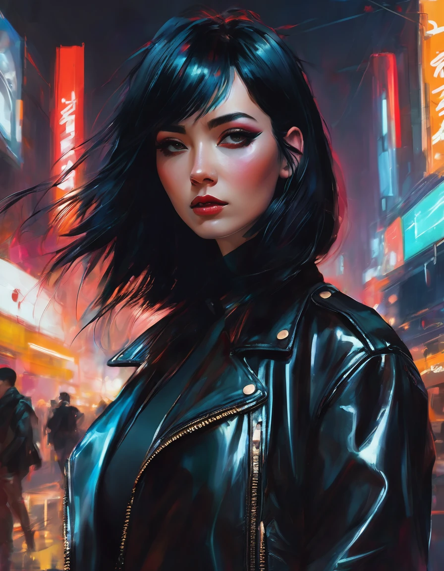 a woman with black hair wearing a leather jacket, inspired by rossdraws, gothic art, wadim kashin. ultra realistic, artwork in the style of guweiz, artstyleunknown, alejandro burdiso style art, vivid colors, gloss skin