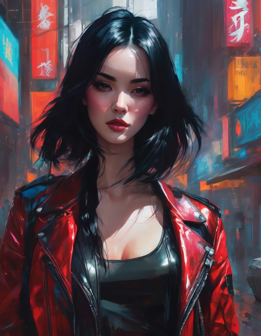 a woman with black hair wearing a leather jacket, inspired by rossdraws, gothic art, wadim kashin. ultra realistic, artwork in the style of guweiz, artstyleunknown, alejandro burdiso style art, vivid colors, gloss skin