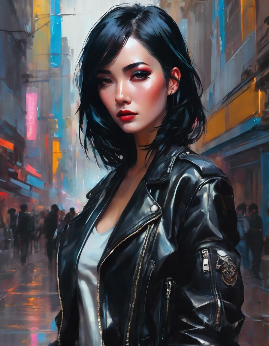 a woman with black hair wearing a leather jacket, inspired by rossdraws, gothic art, wadim kashin. ultra realistic, artwork in the style of guweiz, artstyleunknown, alejandro burdiso style art, vivid colors, gloss skin