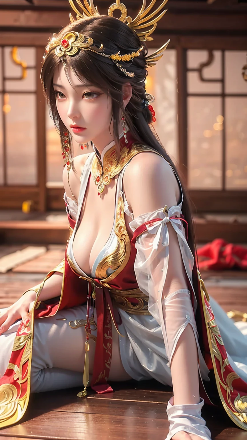 Close-up of a woman in a dress lying on a wooden floor, Japanese Goddess, Beautiful Chinese model, beautiful goddess, beautiful Asian girl, Sexy Girl, Fair, smooth and translucent skin, Chinese Girl, Asian girl, Attractive anime girl, Sexy pose, Beautiful fantasy queen, Beautiful and detailed body and face, Smooth white tights set, Light milky white porcelain skin