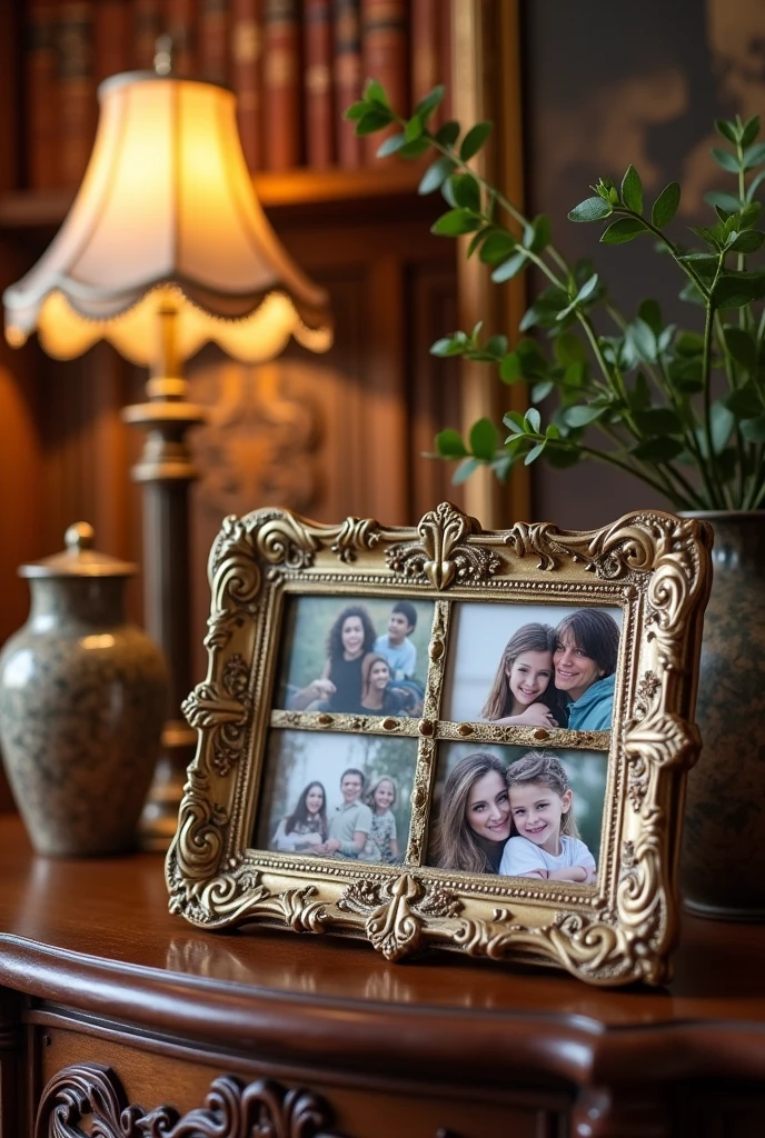 Photo frame with photos on table for decoration