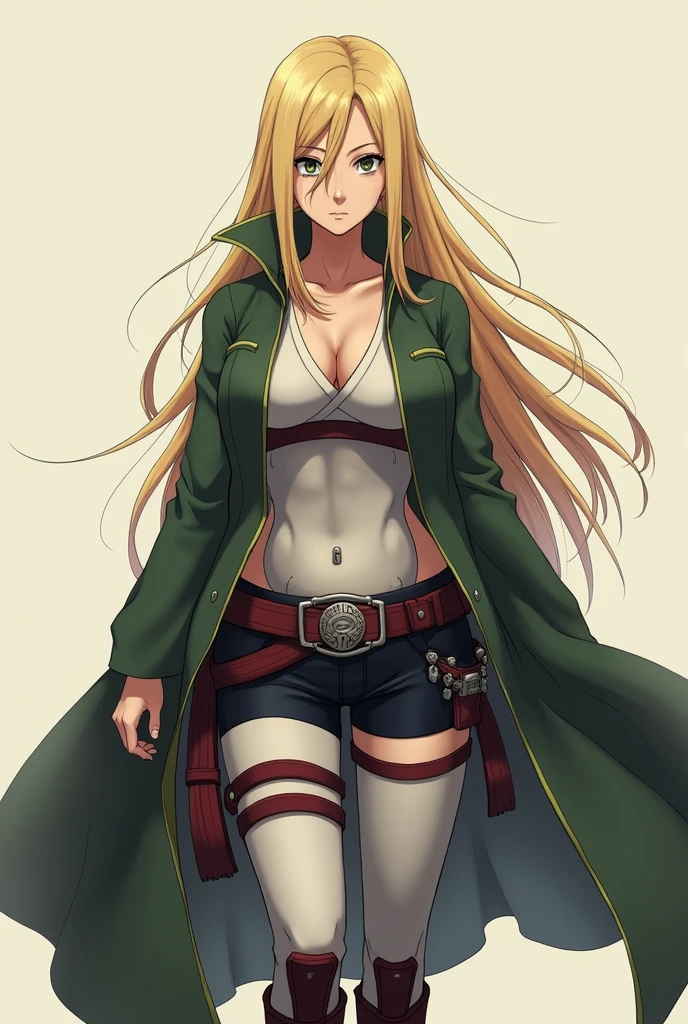 Naruto anime character Tsunade Senju with the drawing style of the Attack on Titan anime, facing forward with all the characteristics of the second season, with a front-facing face.