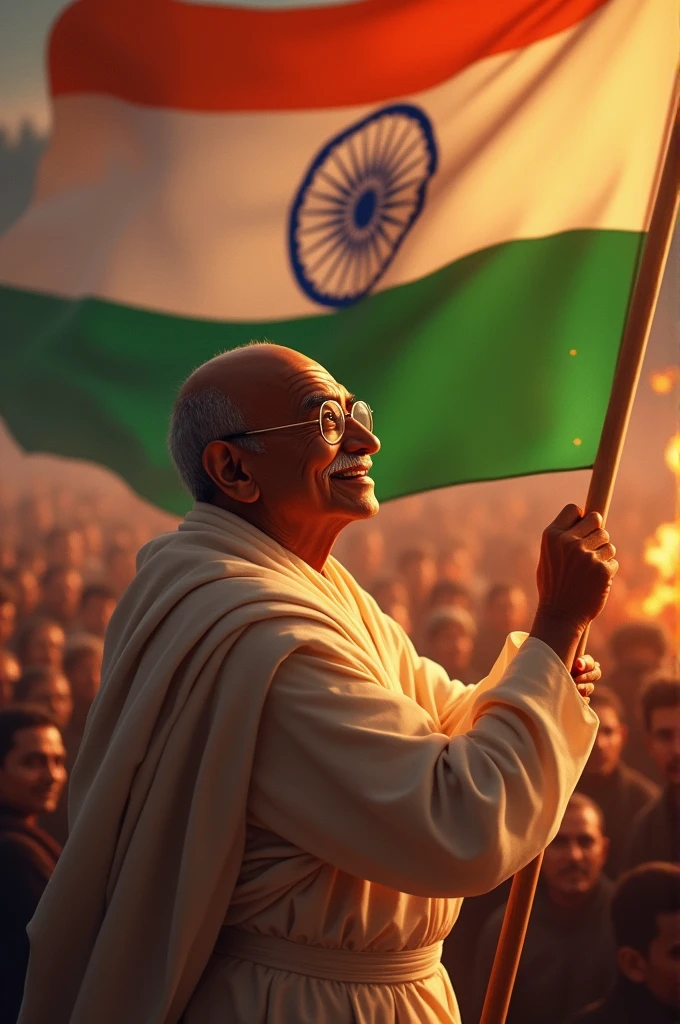 Mahatma gandhi celebrating India's freedom with an aindia flag, teary eyes infront of fire and people in the background