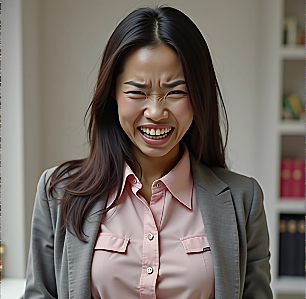 flat chested asian woman with very thin asian eyes, long black hair, staring directly into camera, pained expression, distressed,, biting down hard, clenching her teeth, big teeth, perfect teeth, eyes opened wide, light blue eyes, thin grey office blazer, pink collared button blouse