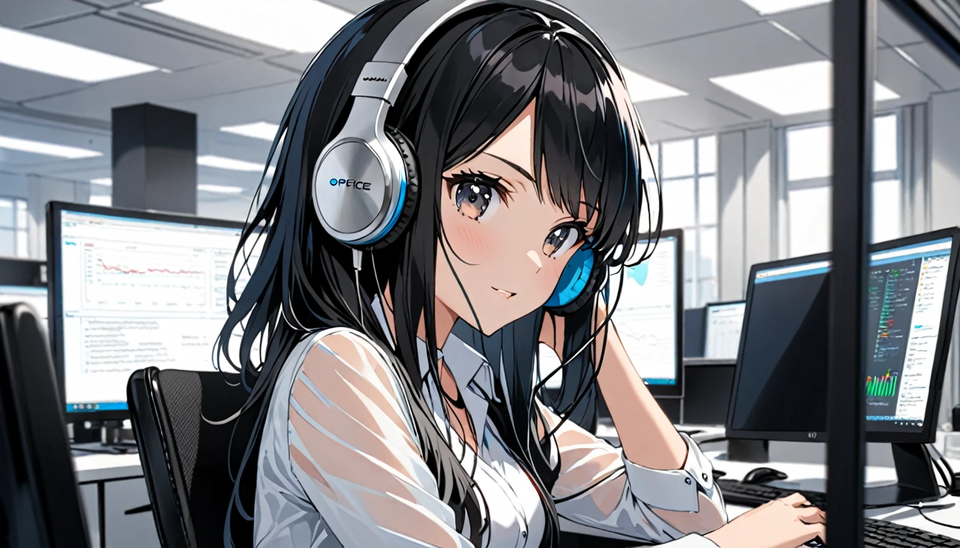 Beautiful and black hair, face with headphones in officce