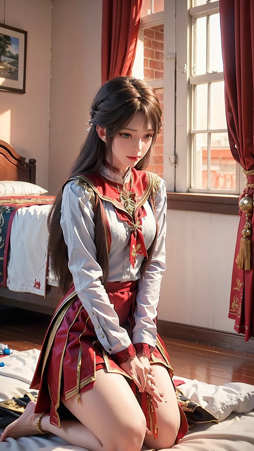 best quality，masterpiece，The Ultimate Solution，Fluffy，Extremely colorful，Mature beautiful woman，（Dress school uniform），Lace skirt，（Beautiful woman beheaded），Normal posture，（Kneeling），Kneeling on the bed，shackles，Beheading，collar，barefoot，Normal posture