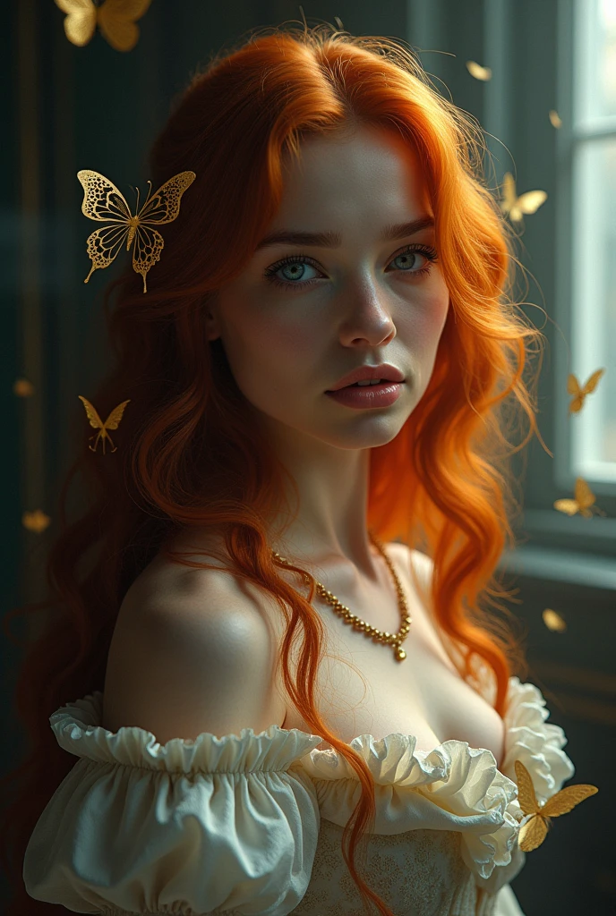 (solo, full body photo:1.3), (action packed:1.3), (haze, fog, mist:1.3), chiaroscuro, best quality, photorealistic, 1woman, (cute), (24yo:1.2), redhead, long ginger hair highly detailed, 1700'S, digital photography, art by artgerm and ruan jia and greg rutkowski surreal painting gold butterfly filigree, broken glass, (masterpiece, sidelighting, finely detailed Fashionable eyes: 1.2) (perfect oval large eyes that gazes at the viewer), beautiful detailed face, blue gorgeous perfect eyes, (blonde hair ponytail), (attractive young woman:1.3), (thick amazing hair), (seductive:1.1), (blushing:1.1)