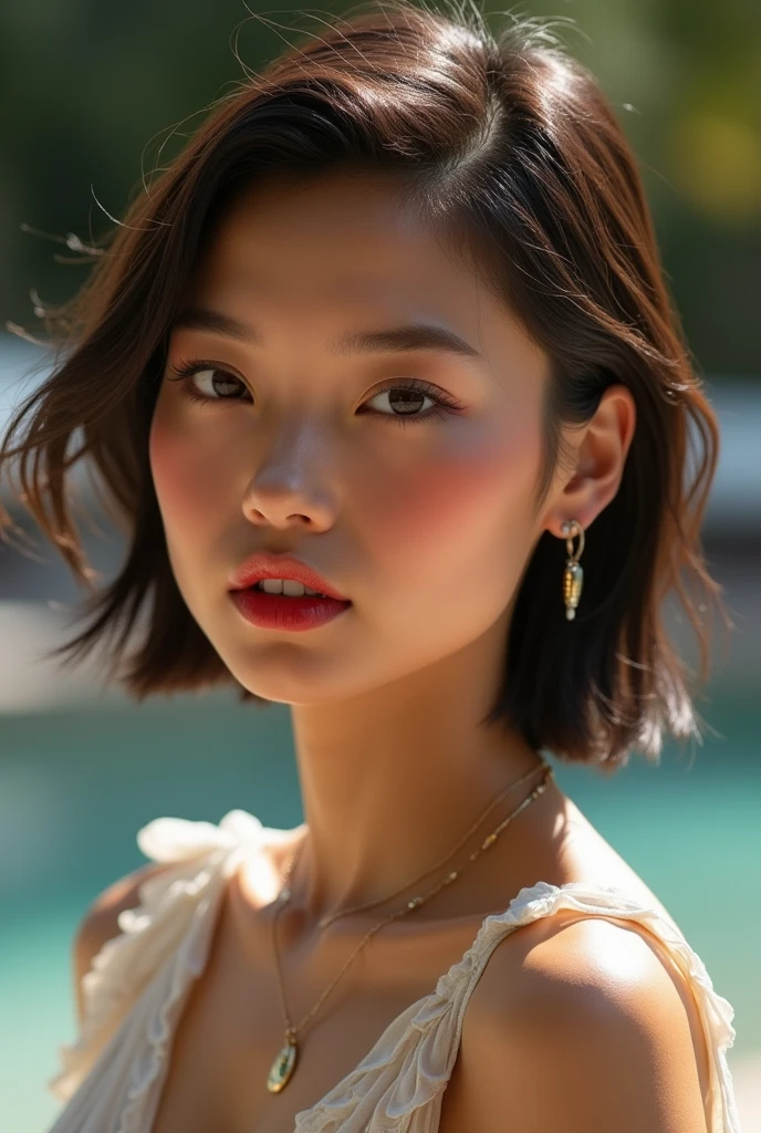 (8k, top-quality, masterpiece:1.2), (realisitic, Photorealsitic:1.37), top-quality, masterpiece, unit, extremely delicate and beautiful, ighly detailed, astonishing, exquisitedetails, Official art, absurderes, huge filesize, Ultra-detail, hight resolution, ighly detailed, a beautiful detailed girl, extremely detailed eye and face, beatiful detailed eyes, Facial light, blush of the nose, ((1girl in)), red-lips, eye_makeup, shorth hair, bobhair_cut, (full_Body_1.3), a necklace, earrings, middlebreasts, cleavage of the breast, slim_waist, ((firm_abs)), shinny skin, outside of house, profetional lighting, detailed shadow, super model, A smile, the pose, Rim lighting