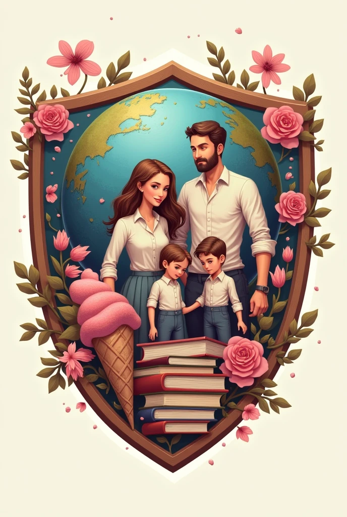 I need a shield, It should include notebooks or books, It should contain a globe with its original colors, It should include a family, a chocolate snow cone, All elements must be within the shield, Subtly incorporate the color pink.