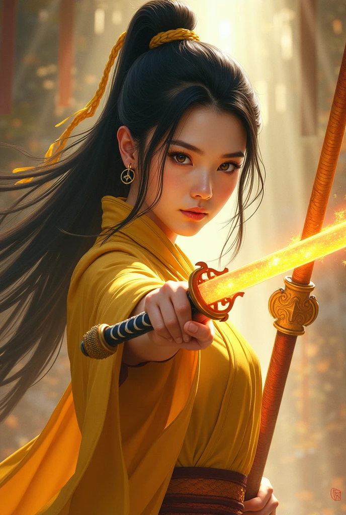 Chinese fantasy art, in the background some yellow tones and a girl in ancient clothes with long black hair tied in a ponytail, with amber eyes, her clothes are yellow and she holds a sword With flashes of almost orange yellow and pointing forward, its eyes are slanted.