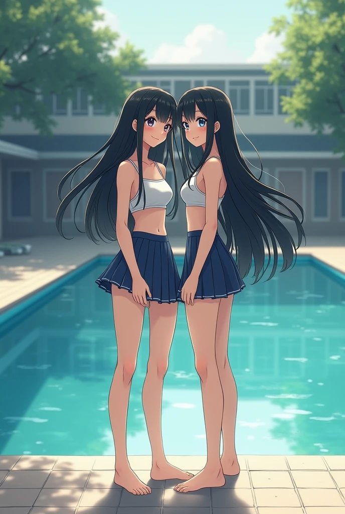 Standing by the pool at an empty school、High school girls、Long black hair、Swimwear、mini skirt、Cute Face、Smiling、barefoot、Full body portrait