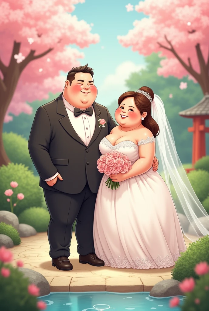 Create a chubby bride and groom anime 